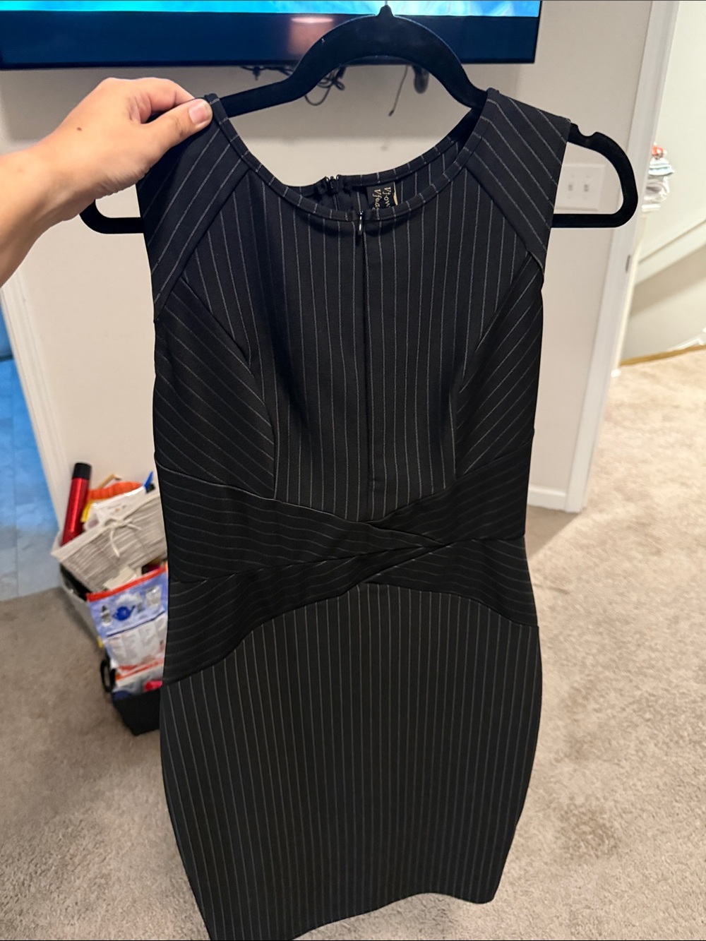 Black Pinstriped Sleeveless Sheath Dress